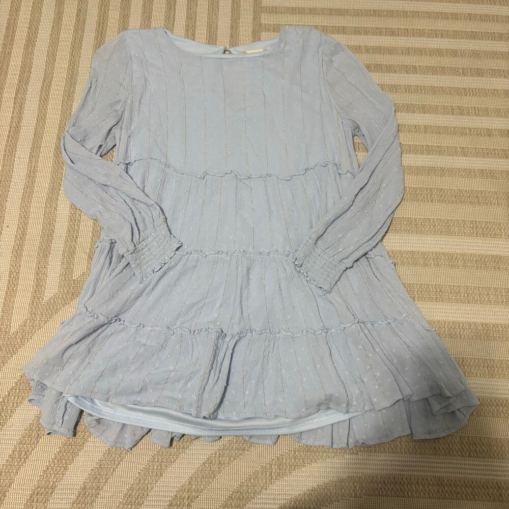 Altar'd State Blue Gold Striped Boho Long Flowy Long Sleeve Large Blouse